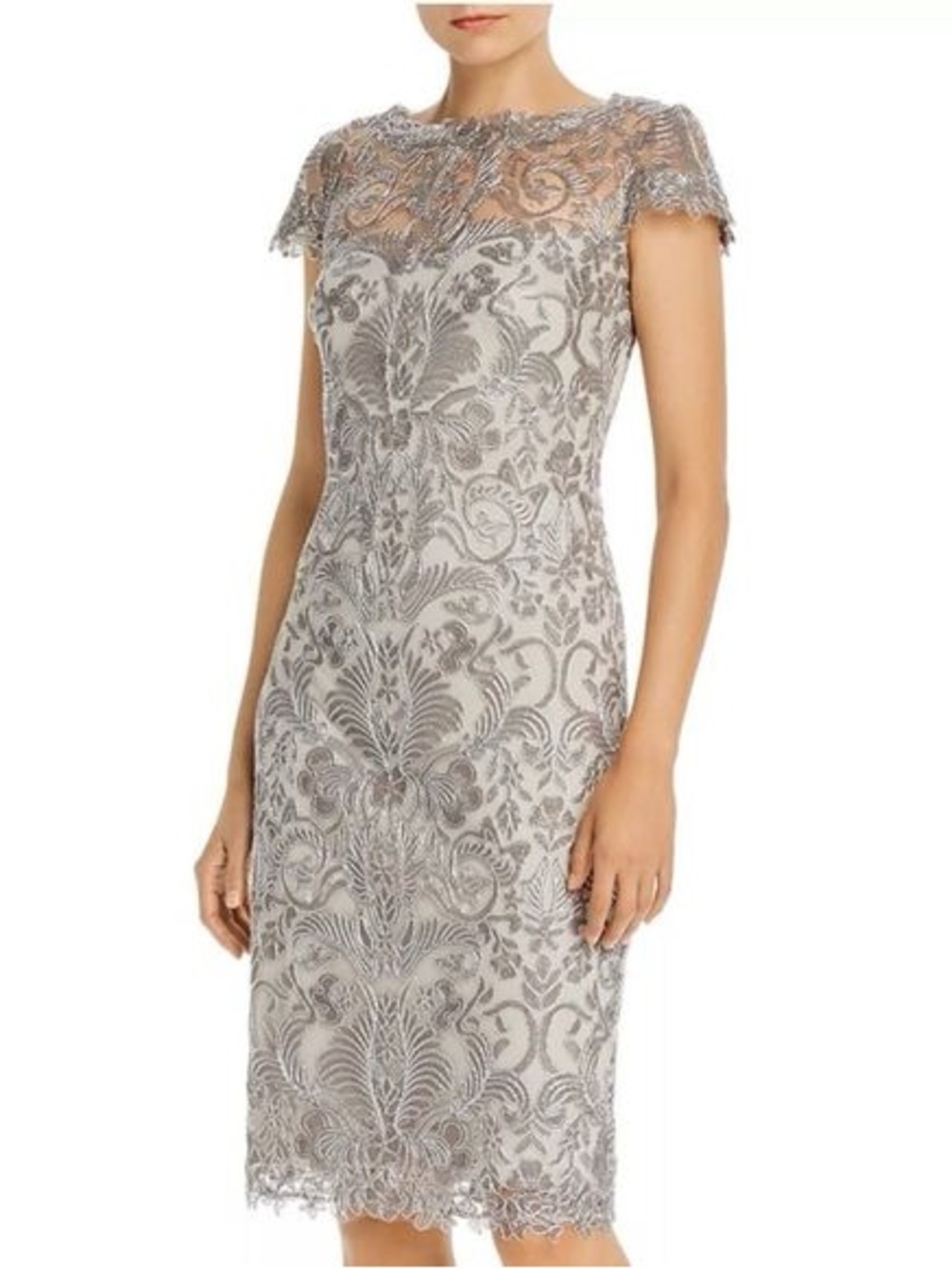 Tadashi Shoji Silver Embroidered Lace Sheath Dress | 10